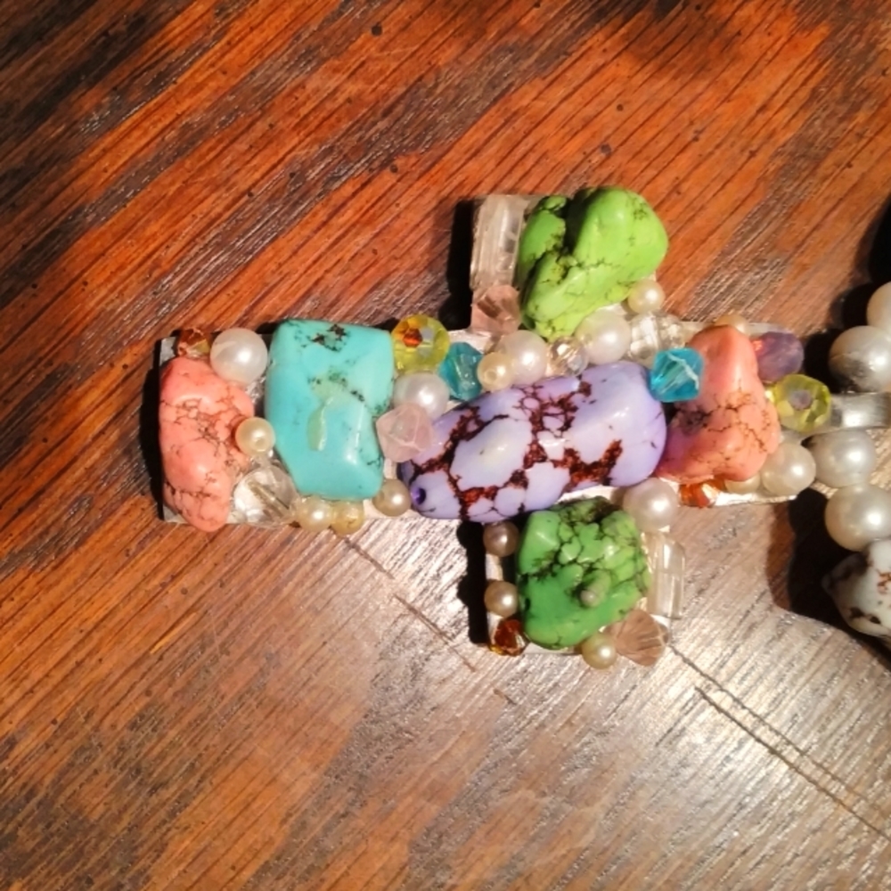 Beautiful Multi Colored Stone And Bead With Cross… - image 2
